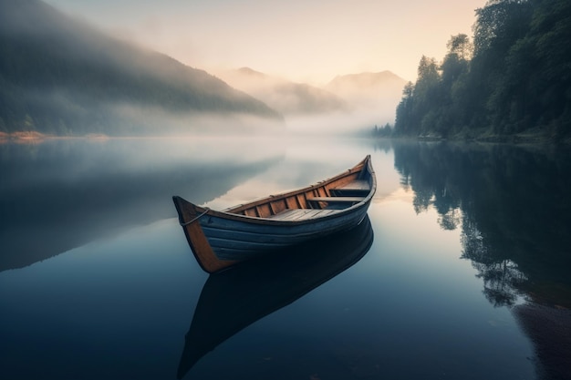 Um barco em um lago com montanhas ao fundo