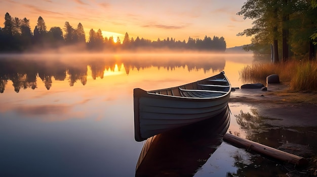 Um barco em um lago com o sol se pondo atrás dele