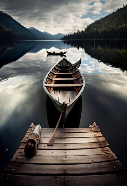 Um barco em um lago com um cenário de montanha.