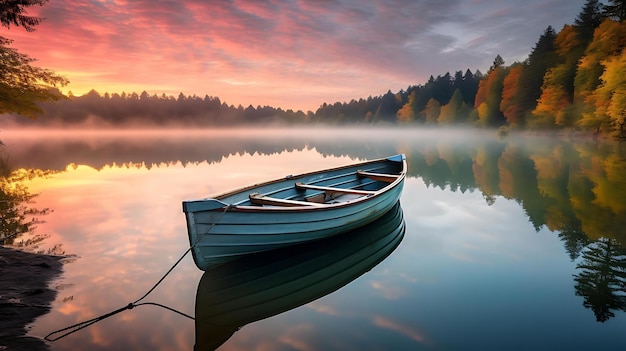 Um barco em um lago com um pôr do sol ao fundo