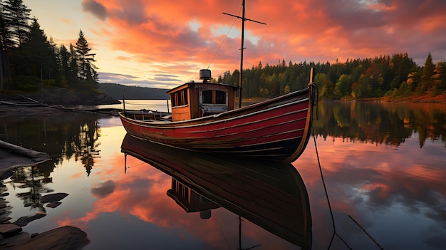 um barco em um lago durante o pôr do sol
