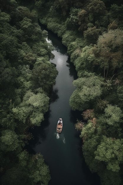 Um barco em um rio cercado por árvores