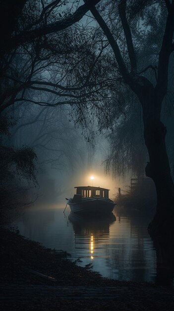 Foto um barco em um rio com uma luz acesa