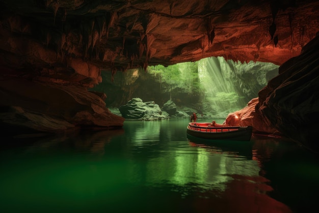 Um barco em uma caverna com uma luz verde no fundo.