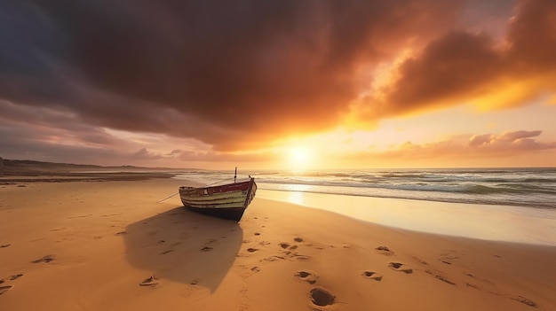 Um barco em uma praia com o pôr do sol atrás dele