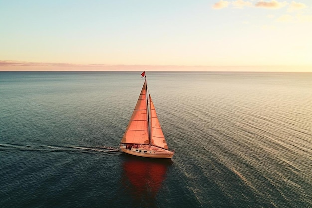 Um barco está a navegar no oceano com o sol a pôr