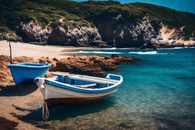 Foto um barco está amarrado na praia e a água é azul.