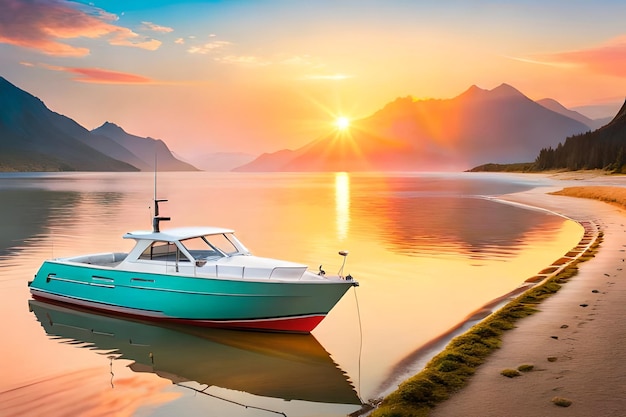 Um barco está ancorado em um lago com montanhas ao fundo.