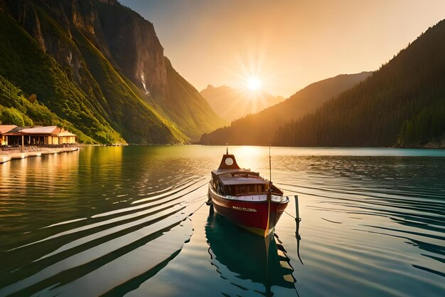 Um barco está ancorado em um lago com montanhas ao fundo.