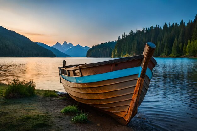 Um barco está ancorado em um lago com montanhas ao fundo.