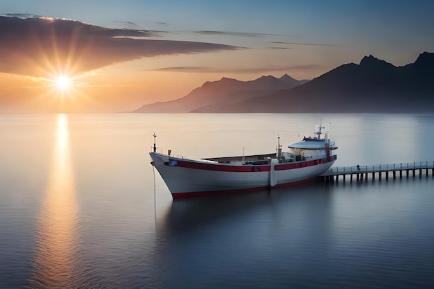 Um barco está atracado em um píer com o sol se pondo atrás dele.