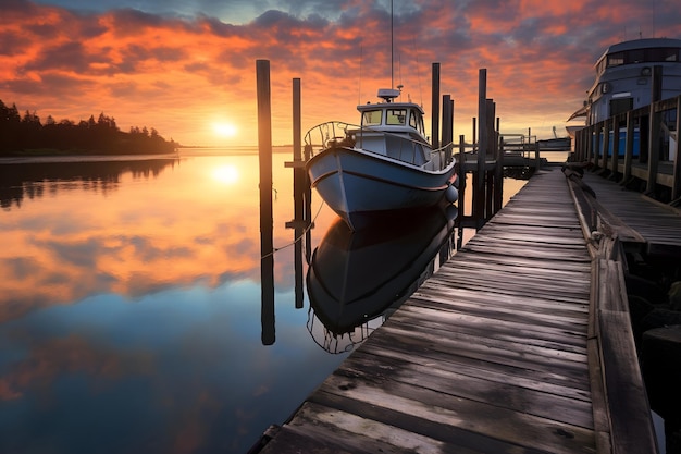 Um barco está atracado em uma doca com pôr do sol