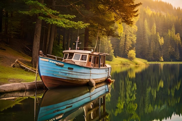 Um barco está atracado em uma floresta com reflexo de árvores na água.