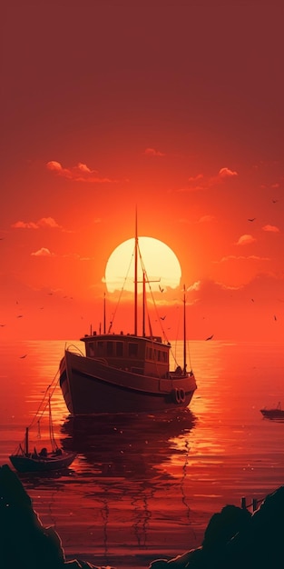 Um barco está atracado na água com o sol ao fundo.