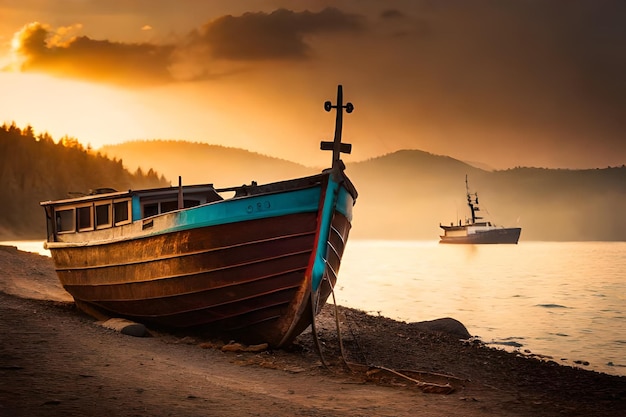 Foto um barco está atracado na costa com uma montanha ao fundo.