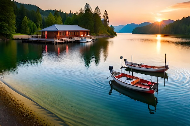 Um barco está atracado na margem de um lago com o pôr do sol ao fundo.