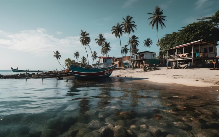 Foto um barco está atracado na praia em frente a palmeiras.