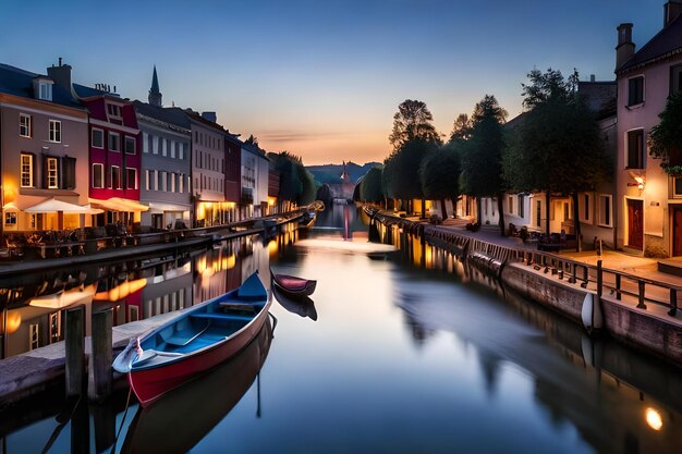 Um barco está atracado num canal ao pôr-do-sol.