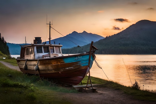 Foto um barco está atracado num lago com montanhas ao fundo.