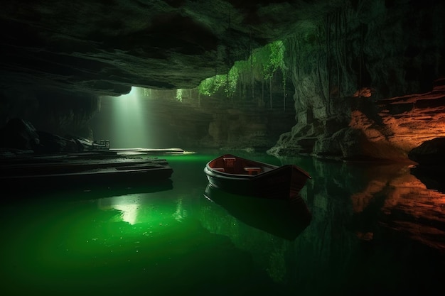 Um barco está em uma caverna com uma luz verde brilhando na água.