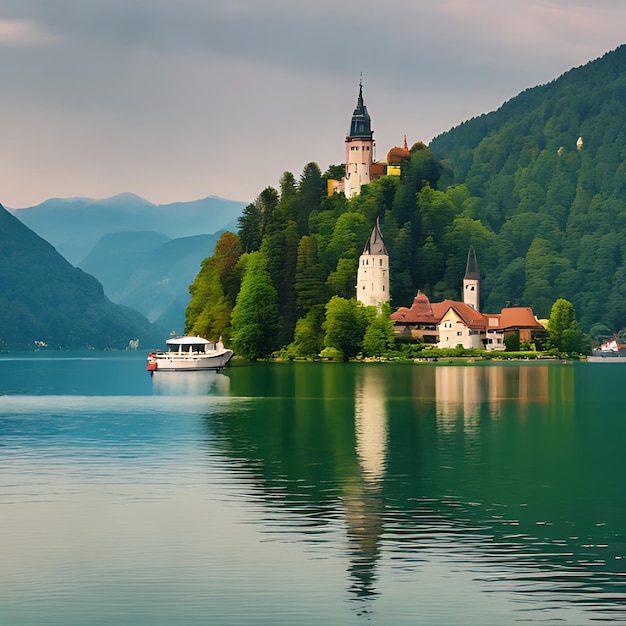 um barco está flutuando em um lago cercado por uma montanha e um castelo