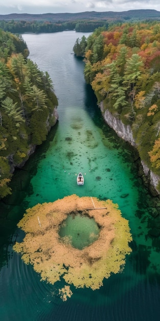 Foto um barco está flutuando em um lago com um grande círculo verde no meio