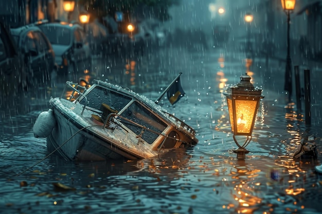 Um barco está flutuando em uma rua inundada com um poste de lâmpada ao fundo