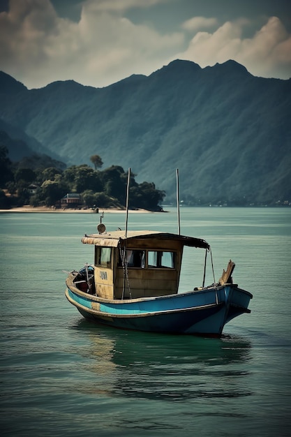 Um barco está na água com montanhas ao fundo.