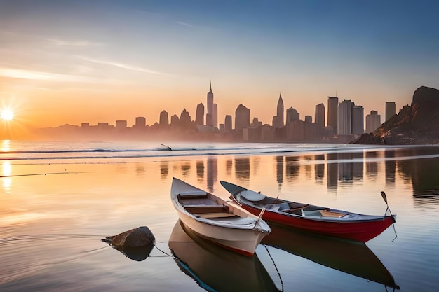 Um barco está na água com o horizonte de uma cidade ao fundo.