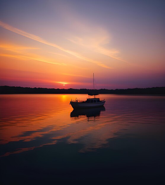 Foto um barco está na água com o sol a pôr-se atrás dele.