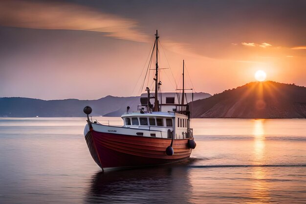 Foto um barco está na água com o sol a pôr-se atrás dele.