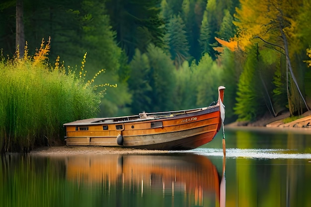 um barco está na água com um fundo amarelo e laranja.