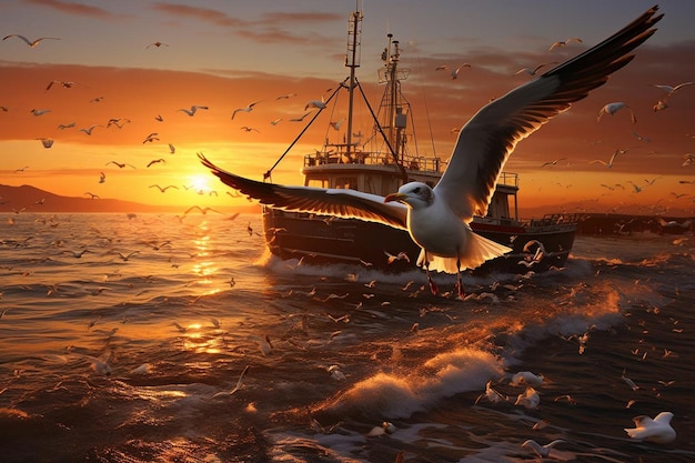 Foto um barco está na água com um pássaro voando no ar