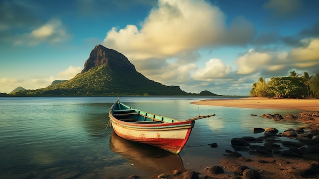 Um barco está na água com uma montanha ao fundo.