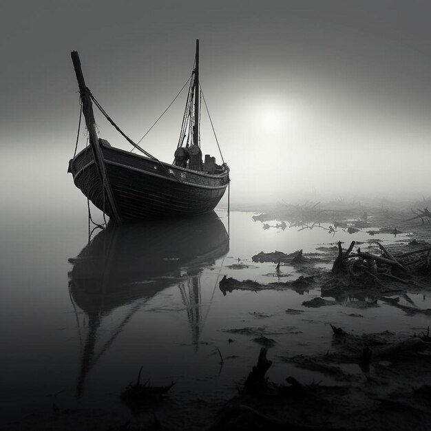 Um barco está na água e está no nevoeiro.