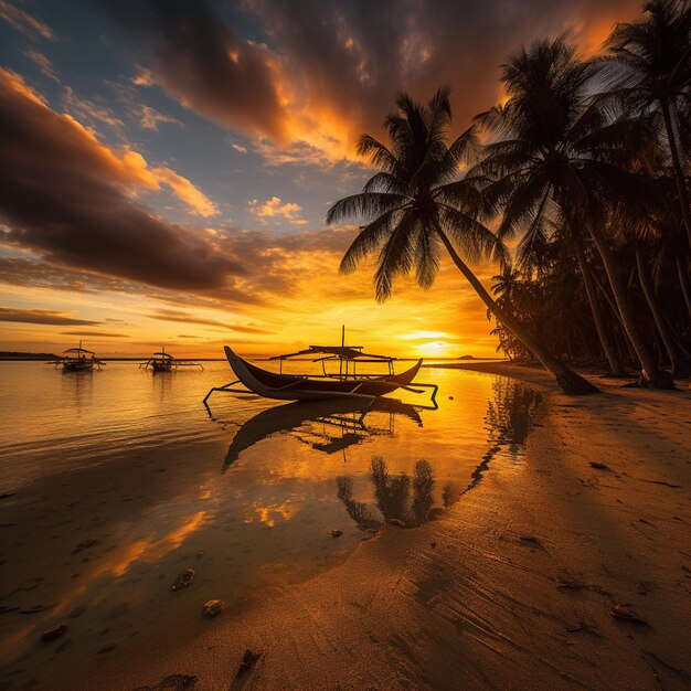 Um barco está na praia ao pôr-do-sol