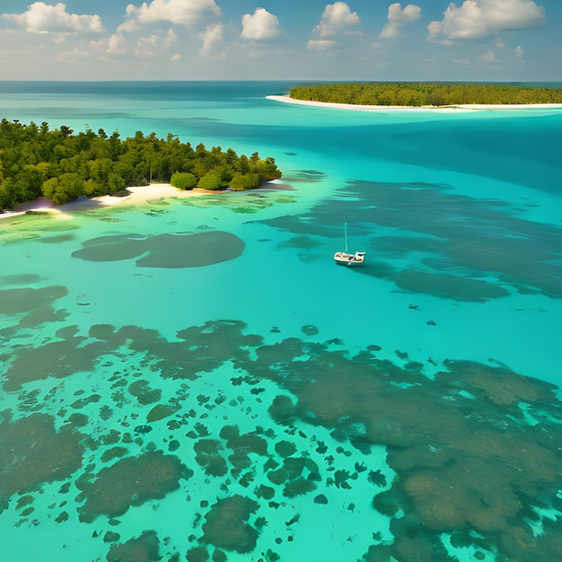 Foto um barco está navegando no oceano com uma praia ao fundo