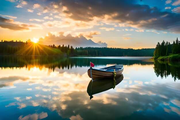 Foto um barco está num lago com o sol a pôr-se atrás dele.