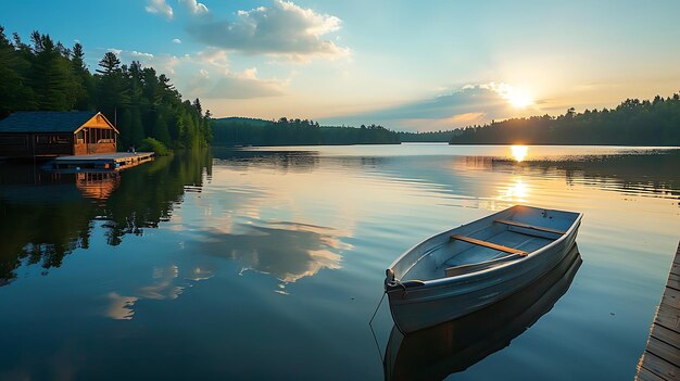 Um barco está num lago com o sol a pôr-se atrás dele.