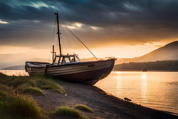 Um barco está sentado na margem de um lago com o sol a pôr-se atrás dele.