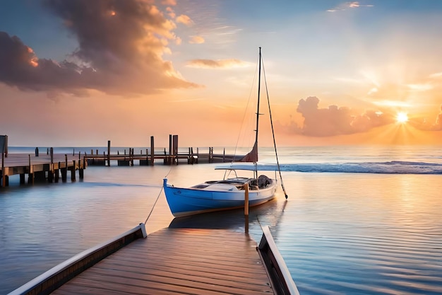 Um barco fica em uma doca ao pôr do sol.