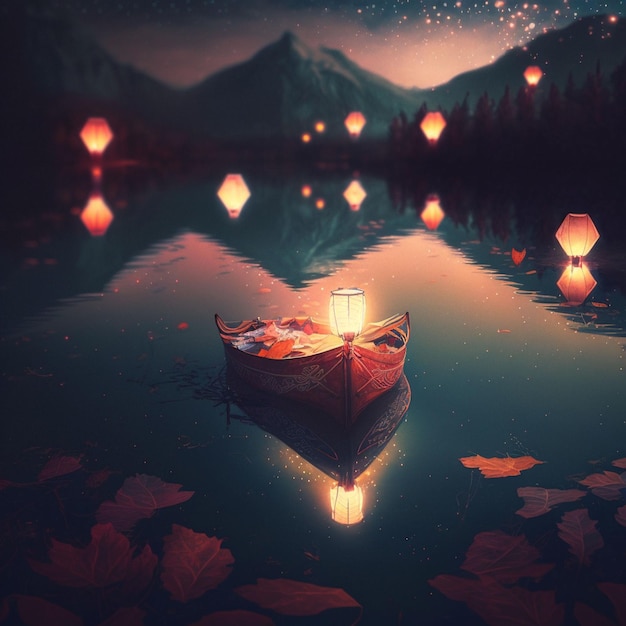 Um barco flutuando em um lago com lanternas na água.