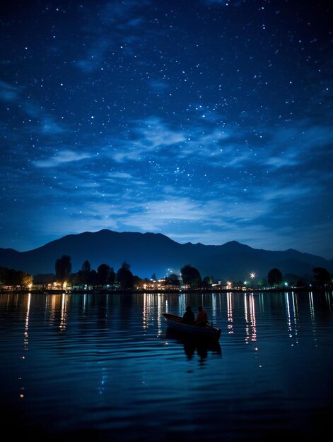 Foto um barco flutuando no topo de um lago sob um céu noturno