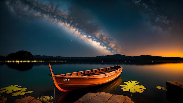 Um barco flutuando pacificamente sob um céu noturno estrelado em um lago calmo