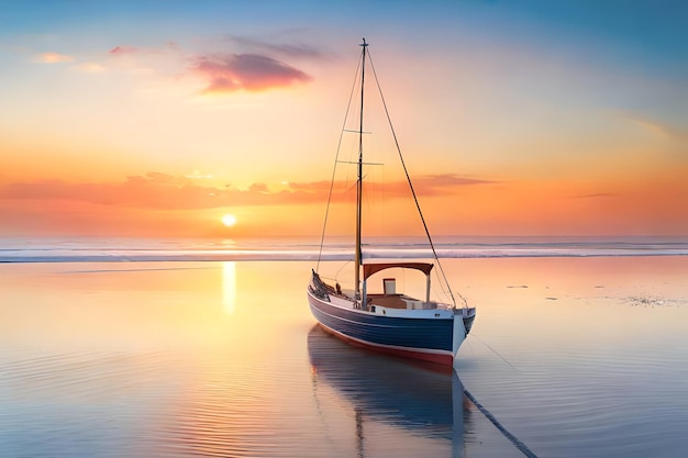 Um barco na água ao pôr do sol