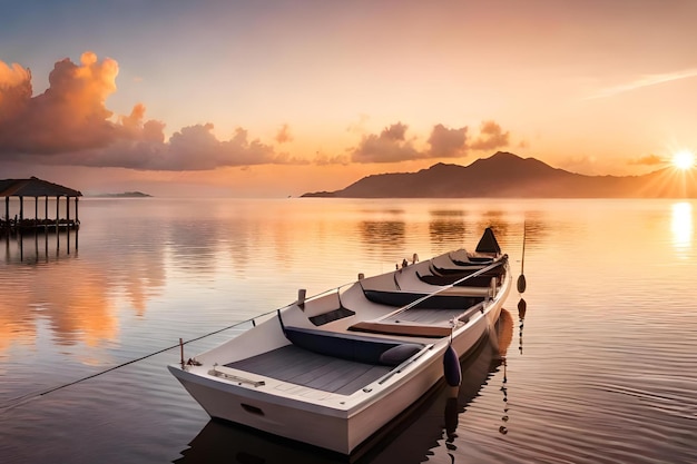 Um barco na água ao pôr do sol