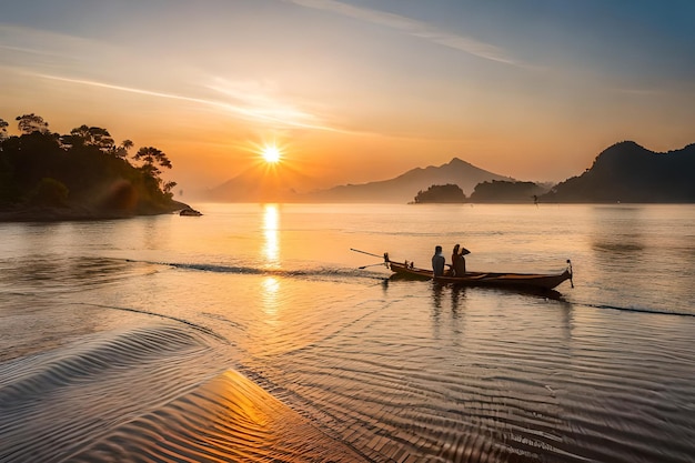 Um barco na água ao pôr do sol