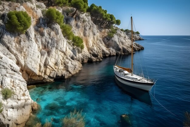 Um barco na água com um céu azul e o mar ao fundo