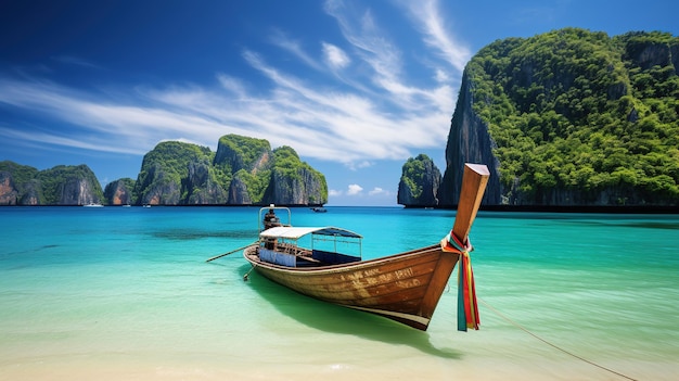 Um barco na água com uma ilha tropical ao fundo.