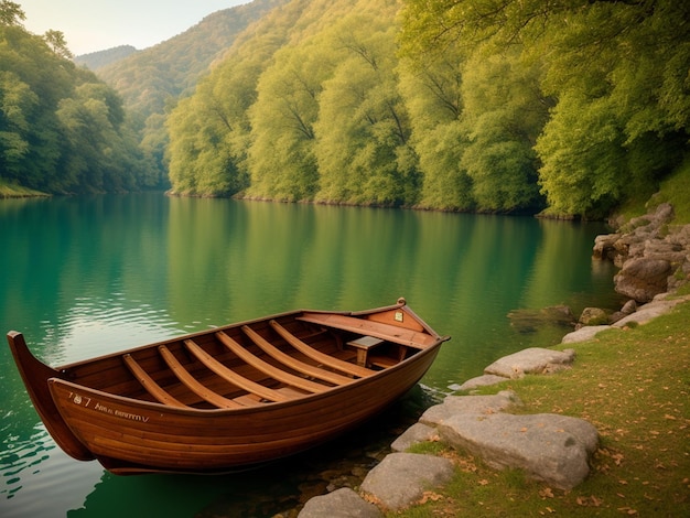 Um barco na arte da parede do lago